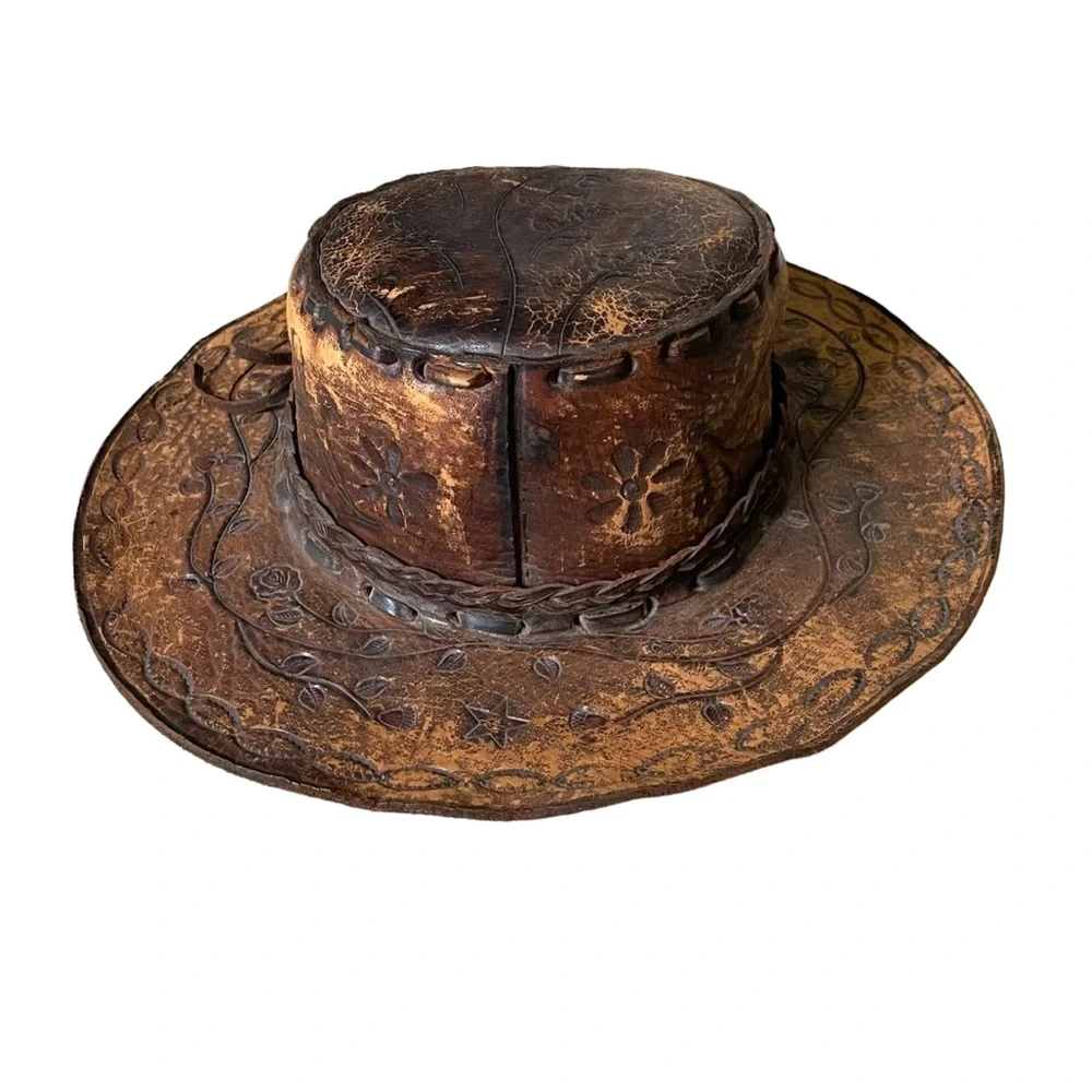 (SOLD) HANDMADE Vintage Hand Tooled Leather Mexican Western Cowboy Hat Hat O/S - Picture 5 of 15